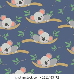 Seamless pattern with sleeping koala bear baby on eucalyptus tree branch. Simple flat illustration. Cartoon style. Cute and funny. For kids bed linen. For wallpaper, textile and wrapping paper.