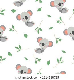 Seamless pattern with sleeping koala bear baby. Eucalyptus branches and leaves. Simple flat illustration. Cartoon style. Cute and funny. For kids bed linen. For wallpaper, textile and wrapping paper.