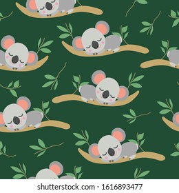 Seamless pattern with sleeping koala bear baby on eucalyptus tree branch. Simple flat illustration. Cartoon style. Cute and funny. For kids bed linen. For wallpaper, textile and wrapping paper.