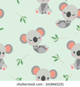 Seamless pattern with sleeping koala bear baby on eucalyptus tree branch. Simple flat illustration. Cartoon style. Cute and funny. For kids bed linen. For wallpaper, textile and wrapping paper.