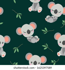 Seamless pattern with sleeping koala bear baby and eucalyptus tree branch. Simple flat illustration. Cartoon style. Cute and funny. For kids bed linen. For wallpaper, textile and wrapping paper.