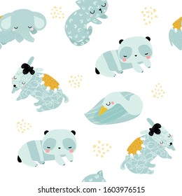 Seamless pattern with sleeping little animals. Kids pastel print. Vector hand drawn illustration.