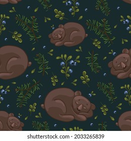 Seamless pattern with sleeping little bear, branches of fir, pine, leaves and wild blueberries.
Cartoon vector graphics.