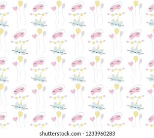 Seamless pattern of sleeping masks, balloons, and flag garlands. Great for textile print, party invitations or packaging. 
