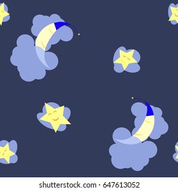 Seamless pattern with sleeping moon and stars in the dark blue midnight sky. The moon lies on a cloud, covered by another cloud, the stars just rest on the clouds. You can use it as background.