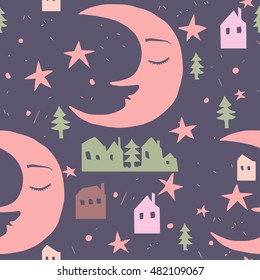 Seamless pattern with  sleeping moon, tiny houses, spruces and stars.