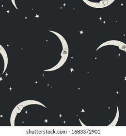 Seamless pattern with sleeping night stars and moon for kids holidays. Cute baby shower vector background. Baby bedroom design