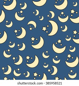 Seamless pattern with sleeping night stars and moon for kids holidays. Kids seamless pattern. Good night. Cartoon Sun, Moon (Crescent) and Stars. Stars and the moon. Hand drawn illustration. 