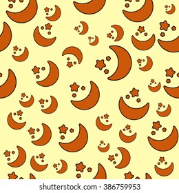 Seamless pattern with sleeping night stars and moon for kids holidays. Kids seamless pattern. Good night. Cartoon Sun, Moon (Crescent) and Stars. Stars and the moon. Hand drawn illustration. 