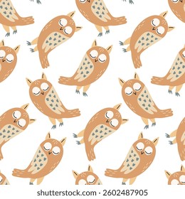 Seamless pattern of sleeping owls in a cute and cozy hand-drawn style, ideal for fabric, wallpaper, kids' designs, nursery decor, wrapping paper, and digital backgrounds.