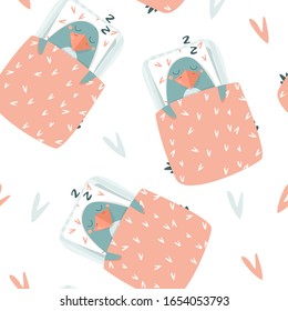 Seamless pattern of sleeping penguins. On a white isolated background. Children's sleep, comfort, love and care. Can be used for children's clothing, decor, postcards, bed linen. Vector.
