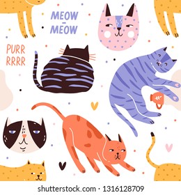Seamless pattern with sleeping, playing, hunting cats or kittens and their muzzles. Backdrop with adorable pet animals on white background. Flat vector illustration for textile print, wrapping paper.
