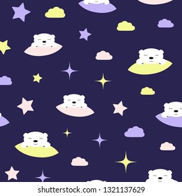 Seamless pattern with sleeping polar bears, stars, clouds, pillows. Design for kid, child, baby, clothes. Dark blue background. Vector endless, repeat,  ornament