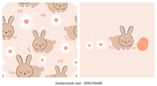 Seamless pattern with sleeping rabbit cartoons on daisy garden vector illustration. Daisy, bunny and Easter egg icons on orange background. 