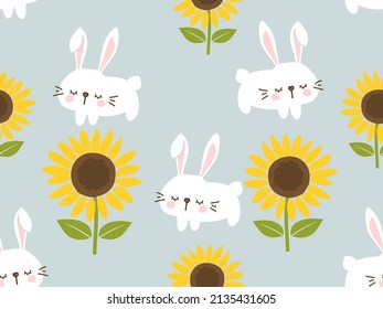 Seamless pattern with sleeping rabbit cartoons on sunflower field background vector illustration. Cute nursery wall decoration.