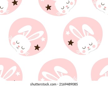 Seamless pattern with sleeping rabbit cartoons and stars vector illustration. Cute childish print.