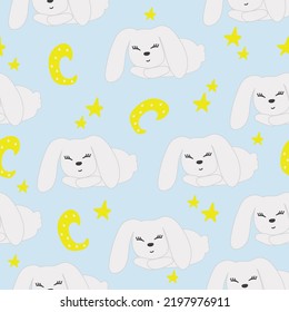 Seamless pattern sleeping rabbit and stars with the moon, hand-drawn on a blue background.