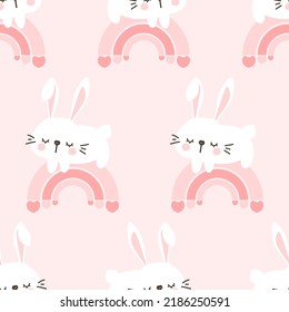 Seamless pattern with sleeping rabbits and rainbows on pink background vector illustration. Cute childish print.