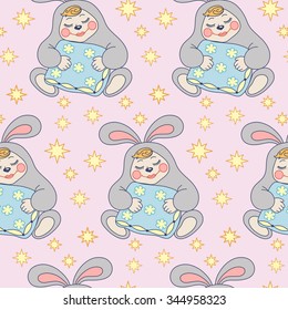 seamless pattern, sleeping rabbits, stars on the pink background