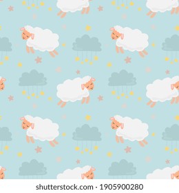 Seamless pattern with sleeping sheep, clouds and stars in the sky. Background for wrapping paper, textile, posters, nursery decoration.