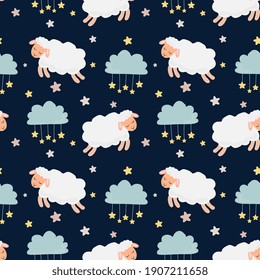 Seamless pattern with sleeping sheep, clouds and stars in the sky. Background for wrapping paper, textile, posters, nursery decoration.