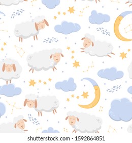 Seamless pattern with sleeping sheep flying across the starry sky among clouds and constellations. Vector illustration for kids.