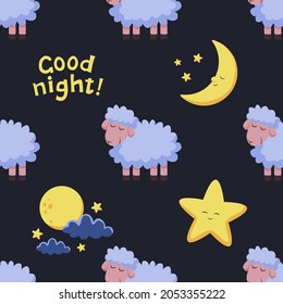 Seamless pattern with sleeping sheep, moon and stars.Vector graphics.