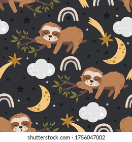 seamless pattern with sleeping sloth and moon - vector illustration, eps