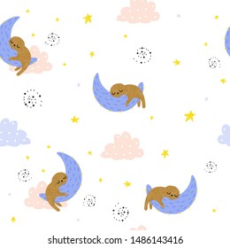 Seamless pattern with sleeping sloth on the moon. Kids cute print. Vector hand drawn illustration.
