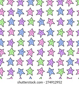 Seamless pattern with sleeping stars. Can be used for wallpaper, greeting cards, wrapping paper, fabric for pajamas, pillow and bedsheet, childish bedroom, boy or girl nursery interior. Good night! 