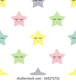 Seamless pattern with sleeping stars for kids holidays. Cute baby shower vector background.