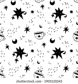 Seamless pattern with sleeping stars and a mug of magic drink. A hand-drawn pattern of celestial and magical elements. Vector stock illustration black on white background.