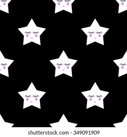 Seamless pattern with sleeping stars. Night sky stars illustration. Black and white baby shower vector background.