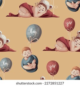 Seamless pattern with sleeping swaddled babies and balloon. Newborn, Childbirth, Baby care, babyhood, childhood, infancy concept. Vector illustration.