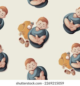 Seamless pattern with sleeping swaddled baby boy, bodysuit, shoes and baby bottle. Newborn, Childbirth, Baby care, babyhood, childhood, infancy concept. Vector illustration.