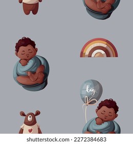 Patrón sin inconvenientes con el bebé, el globo y el arco iris durmientes. Recién Nacido, Parto Infantil, Atención Infantil, Niñez, Concepto Infantil. Ilustración vectorial.