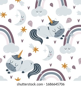 seamless pattern with sleeping unicorn and rainbow on a white background  - vector illustration, eps