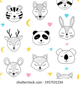 Seamless pattern with sleepng animals and  on white background.
