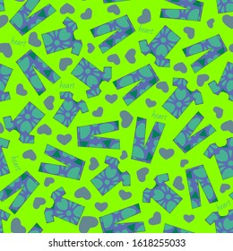 Seamless pattern for sleepwear.  T-shirt, pants, hearts elements. Kids texture designs can be used for backgrounds, motifs, textile, wallpapers, fabrics, gift wrapping, templates. Vector.