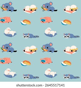 Padrão contínuo com personagens animais sonolentos pronto para a cama em estilo de desenhos animados acolhedor