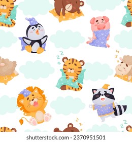 Seamless Pattern with Sleepy Animal with Cute Snout and Pillow Vector Template