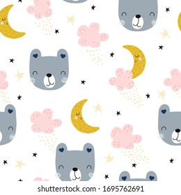 Seamless pattern with sleepy bear, moon and clouds. Childish cute print. Vector hand drawn illustration.