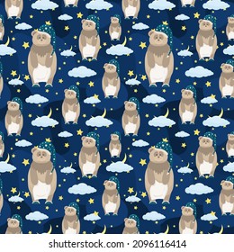 Patrón sin foco con osos somnolientos en un fondo azul. Los niños adorables patrones nocturnos con nubes, estrellas y luna. Formato cuadrado. Estilo de caricatura plano.