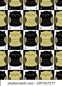 Seamless pattern with sleepy black and gold owls on a chess background