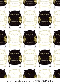 Seamless pattern with sleepy black and white owls