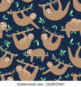 Seamless pattern of sleepy cute sloths in the night. Hand-drawn illustration of sloth for kids, tropical summer, textile, texture, print, cover, wallpaper, fabric, wrapping. Transparent background