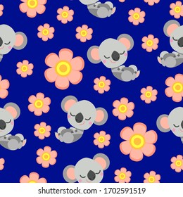Seamless pattern with sleepy koala baby and pink flowers. Blue background. Flat cartoon style. Cute and funny. For kids postcards, textile, wallpaper and wrapping paper. Summer and spring ornament