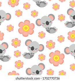 Seamless pattern with sleepy koala baby and pink flowers. White background. Flat cartoon style. Cute and funny. For kids postcards, textile, wallpaper and wrapping paper. Summer and spring ornament