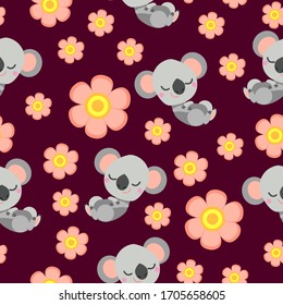 Seamless pattern with sleepy koala baby and pink flowers. Bordeaux background. Flat cartoon style. Cute and funny. For kids postcards, textile, wallpaper and wrapping paper. Summer and spring ornament