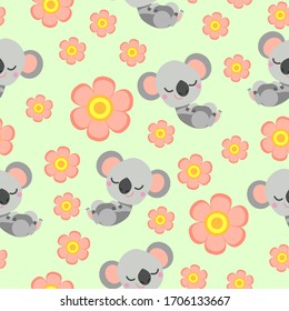 Seamless pattern with sleepy koala baby and pink flowers. Green background. Flat cartoon style. Cute and funny. For kids postcards, textile, wallpaper and wrapping paper. Summer and spring ornament